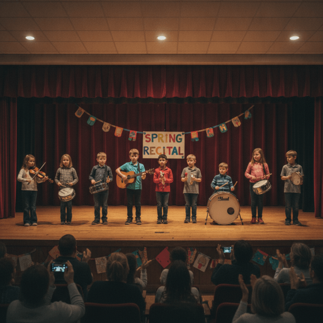 A group of children on a stage in a local community center, holding various musical instruments, smiling nervously while parents in the audience applaud. Warm lighting, photorealistic, candid moment.
