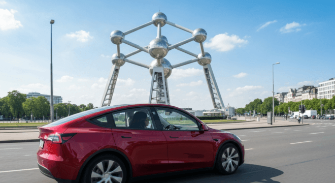 Photorealistic image of a Tesla Model Y driving on a street in Brussels, Belgium, with the Atomium in the background during daytime. The car interior shows a driver with hands loosely on the wheel, an
