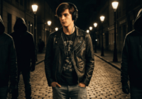 A young musician wearing headphones, standing on a dimly lit street, with shadowy figures in the background looking menacing, photorealistic style, cinematic lighting, high detail