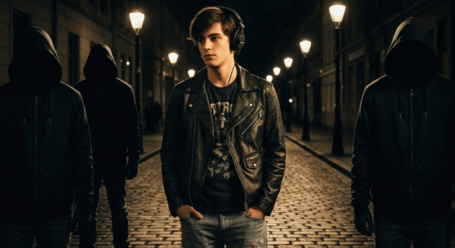 A young musician wearing headphones, standing on a dimly lit street, with shadowy figures in the background looking menacing, photorealistic style, cinematic lighting, high detail