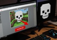 A realistic photo of a computer screen displaying a Minecraft tutorial video on YouTube, with a download button and a red arrow pointing to it. In the corner, a subtle skull icon made of pixels, repre