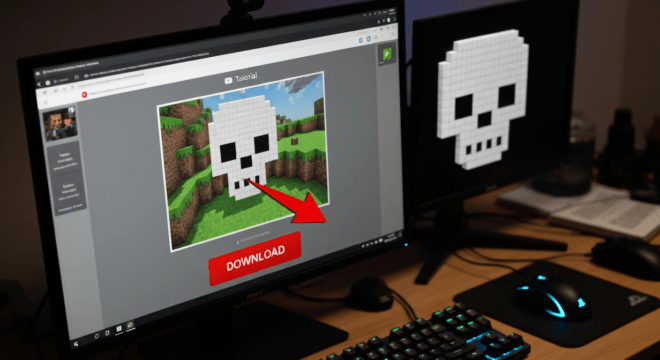 A realistic photo of a computer screen displaying a Minecraft tutorial video on YouTube, with a download button and a red arrow pointing to it. In the corner, a subtle skull icon made of pixels, repre