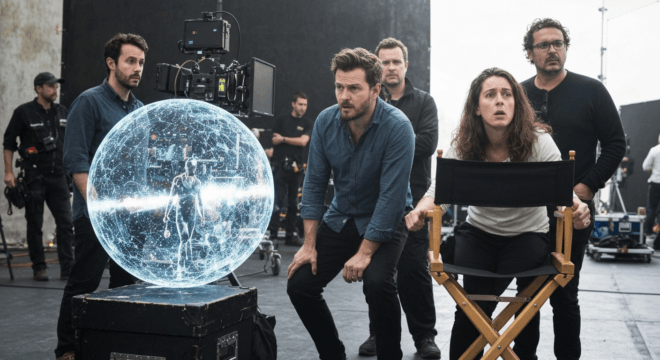 A photorealistic image showing a film set with a director's chair and a futuristic AI hologram displaying a scene, while traditional art directors look on with concern. No text or logos.