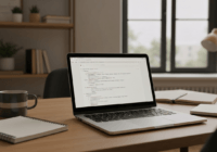 A realistic photo of a web developer's desk showing a laptop with clean HTML code on screen, a coffee cup, and a notebook. The room is well-lit with natural light, modern minimalistic style, warm colo