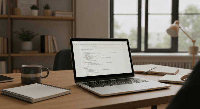 A realistic photo of a web developer's desk showing a laptop with clean HTML code on screen, a coffee cup, and a notebook. The room is well-lit with natural light, modern minimalistic style, warm colo