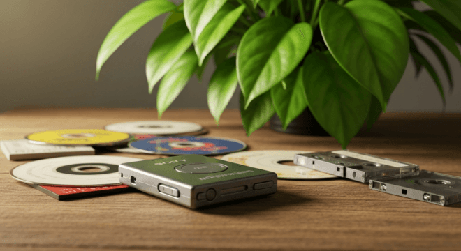 A close-up of a vintage portable MP3 player on a wooden table, surrounded by old CDs and cassette tapes, with a green plant in the background, symbolizing the eco-friendly shift from physical to digit