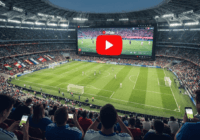A vibrant stadium scene with a giant screen showing a YouTube live stream interface, overlay of a football match, and flags of different countries. Fans in the foreground watching on smartphones and t
