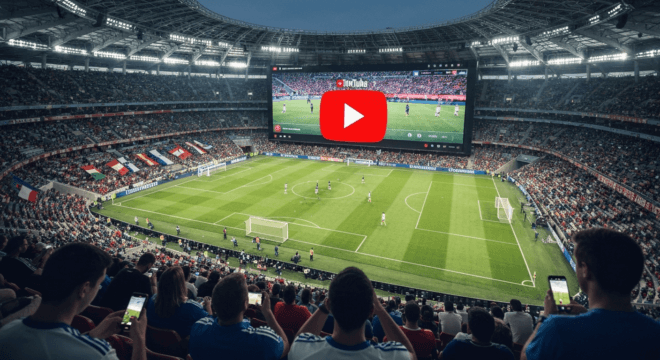 A vibrant stadium scene with a giant screen showing a YouTube live stream interface, overlay of a football match, and flags of different countries. Fans in the foreground watching on smartphones and t