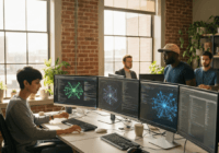A modern tech startup office in Austin, Texas, with a diverse team of engineers working on multiple monitors displaying neural network diagrams and code. Warm afternoon light through large windows, in