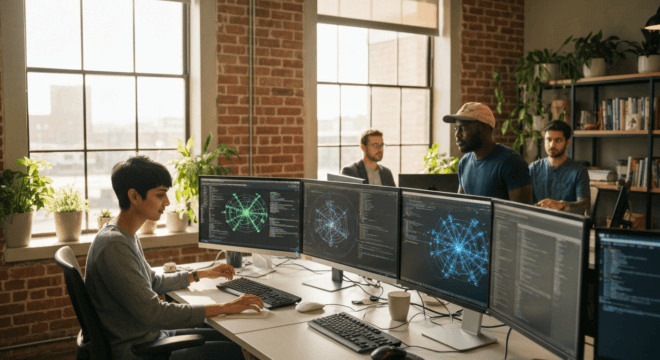 A modern tech startup office in Austin, Texas, with a diverse team of engineers working on multiple monitors displaying neural network diagrams and code. Warm afternoon light through large windows, in
