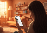 A person using a smartphone with the YouTube app open, showing a chat interface with a video shared, in a cozy living room setting, natural lighting, photorealistic.