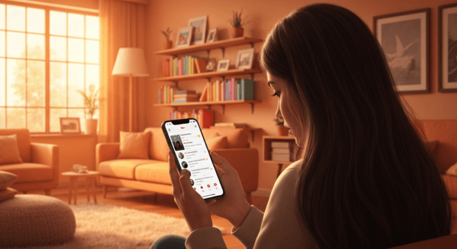 A person using a smartphone with the YouTube app open, showing a chat interface with a video shared, in a cozy living room setting, natural lighting, photorealistic.