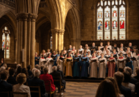 A large choir performing in a historic stone church, warm lighting, diverse singers in robes, audience listening attentively, photorealistic, golden hour light streaming through stained glass windows.