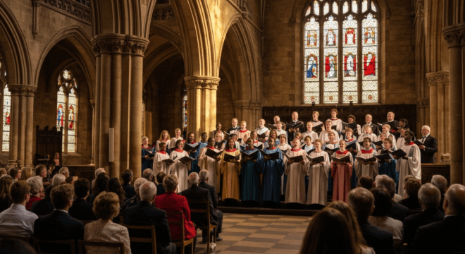 A large choir performing in a historic stone church, warm lighting, diverse singers in robes, audience listening attentively, photorealistic, golden hour light streaming through stained glass windows.