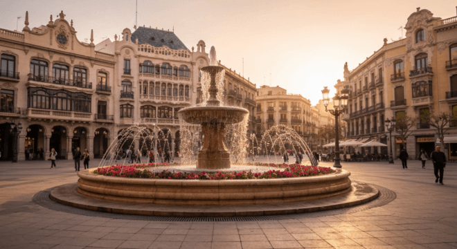 Realistic photo of Plaza de los Luceros in Alicante during golden hour, with the central fountain and people walking, modernista buildings in background, vibrant colors, no text.