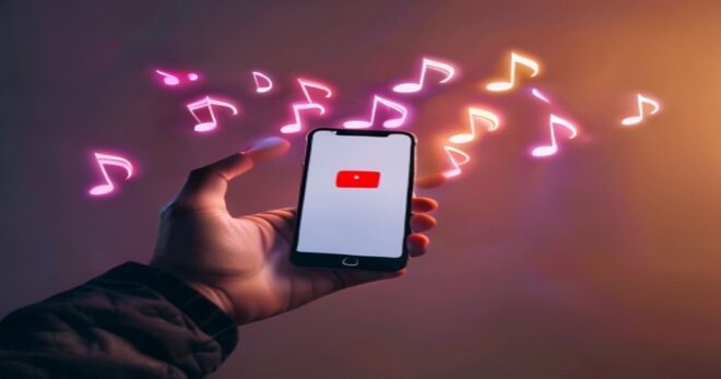 A hand holding a smartphone displaying the YouTube logo transforming into floating music notes, realistic lighting, modern minimal background