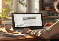 A realistic scene of a parent sitting at a kitchen table, watching an official video tutorial on a laptop while filling out a school enrollment form on paper. The laptop screen shows a Junta de Andalu