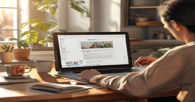 A realistic scene of a parent sitting at a kitchen table, watching an official video tutorial on a laptop while filling out a school enrollment form on paper. The laptop screen shows a Junta de Andalu