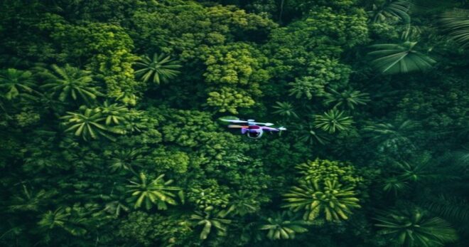 Aerial view of a drone flying over a dense tropical rainforest, equipped with a camera and sensors, monitoring wildlife from above, photorealistic, vibrant green colors, no text or logos.