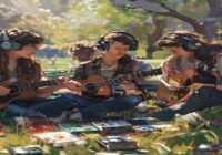 A group of young people in a sunny park, one playing a guitar, others listening with headphones and MP3 players, surrounded by recycled old cassette tapes and CDs, realistic