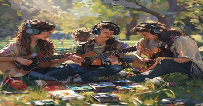 A group of young people in a sunny park, one playing a guitar, others listening with headphones and MP3 players, surrounded by recycled old cassette tapes and CDs, realistic