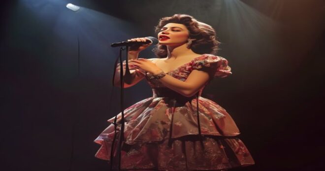 Photorealistic image of Imelda May performing on stage with a microphone, wearing a vintage dress, dramatic lighting, no text or logos