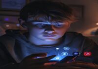 A concerned teenager looking at a smartphone with social media apps icons crossed out, dimly lit room, photorealistic