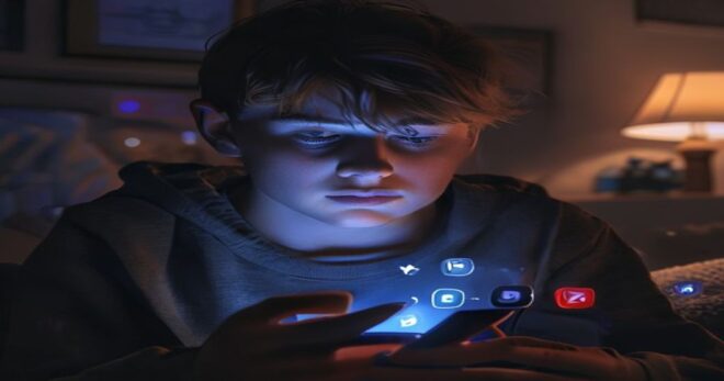A concerned teenager looking at a smartphone with social media apps icons crossed out, dimly lit room, photorealistic