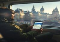 A traveler sitting in a train seat, holding a smartphone showing a download progress bar with a background of European city buildings seen through the window, realistic lighting, no text or logos