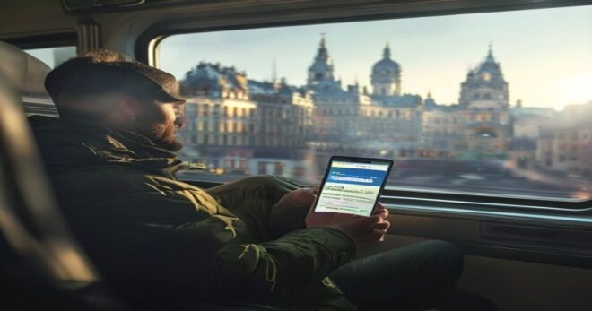 A traveler sitting in a train seat, holding a smartphone showing a download progress bar with a background of European city buildings seen through the window, realistic lighting, no text or logos