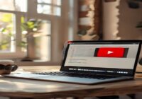 A modern laptop on a wooden desk near a coffee cup, screen displaying a YouTube video page and a download progress bar, headphones plugged in, natural lighting from a window, cozy home office atmosphe
