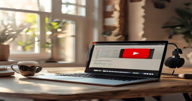 A modern laptop on a wooden desk near a coffee cup, screen displaying a YouTube video page and a download progress bar, headphones plugged in, natural lighting from a window, cozy home office atmosphe