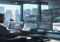 A modern communication director in a bright, minimalist office, looking at multiple screens displaying social media analytics, AI-generated reports, and a content calendar. The atmosphere is focused a