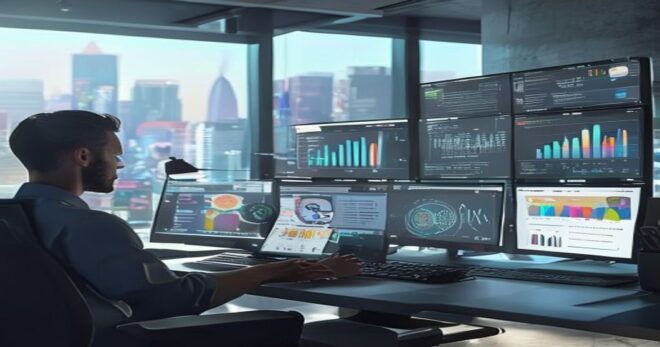 A modern communication director in a bright, minimalist office, looking at multiple screens displaying social media analytics, AI-generated reports, and a content calendar. The atmosphere is focused a