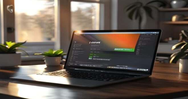 A laptop screen showing the Microsoft Edge browser settings page with a 'Sign in with Google' option highlighted, modern home office setup, soft morning light, photorealistic