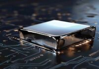 Close-up of a shiny indium metal ingot on a dark surface, with a subtle reflection of a circuit board, photorealistic style.