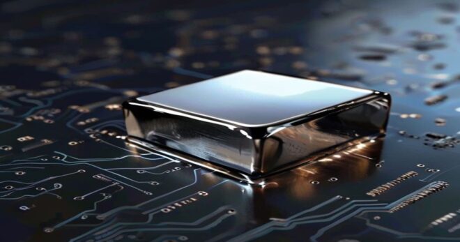 Close-up of a shiny indium metal ingot on a dark surface, with a subtle reflection of a circuit board, photorealistic style.