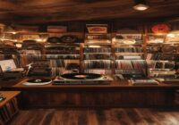 A cozy vintage record store interior with wooden shelves filled with vinyl records, a turntable on a counter, warm lighting, realistic detail, no text or logos.