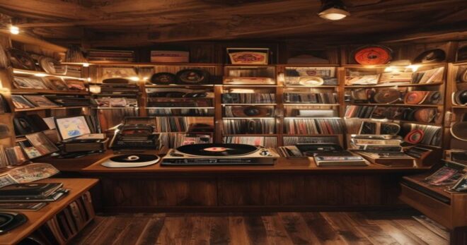 A cozy vintage record store interior with wooden shelves filled with vinyl records, a turntable on a counter, warm lighting, realistic detail, no text or logos.
