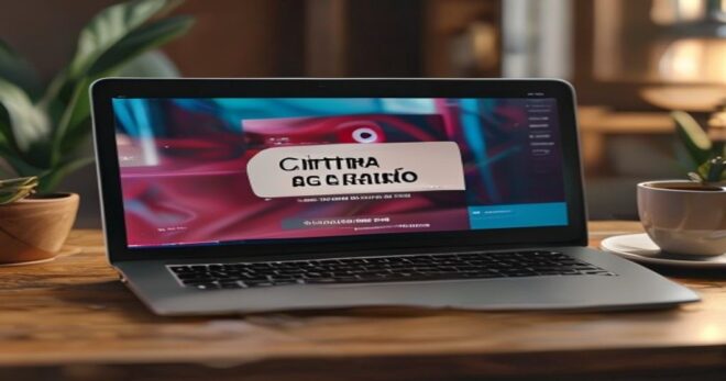 Photorealistic image of a laptop screen showing a YouTube video titled 'Cintora y Garrido discuten sobre Ayuso', with a visible download button overlay, on a wooden desk with a coffee cup.