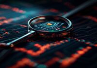 a stock market chart showing a sharp drop with a magnifying glass over a small AI chip, photorealistic, dramatic lighting, no text