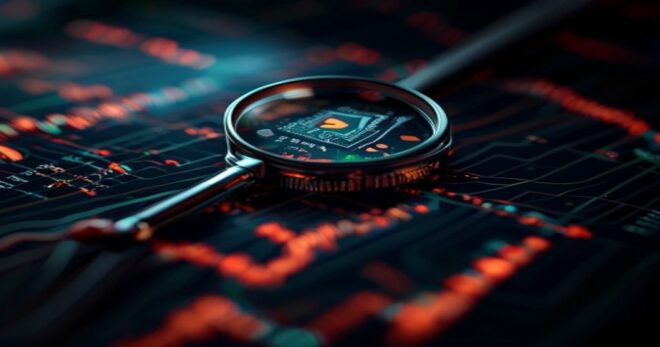 a stock market chart showing a sharp drop with a magnifying glass over a small AI chip, photorealistic, dramatic lighting, no text