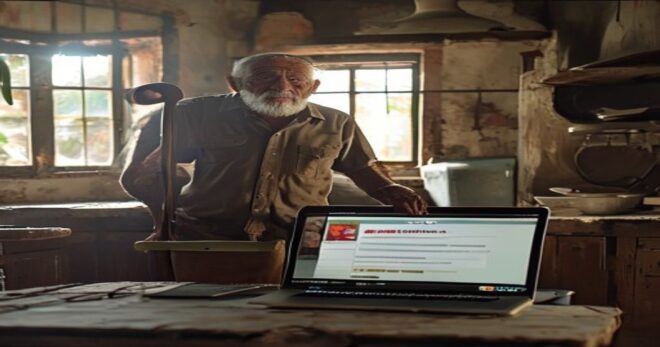 A YouTube video player paused on a documentary thumbnail showing an elderly Cuban man with a cane standing in a worn-out kitchen, while in the foreground a laptop screen displays a download dialog box