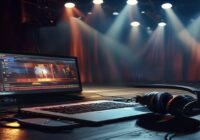 A modern theater stage with spotlights and a laptop displaying a video editing timeline, headphones lying next to the laptop, realistic lighting