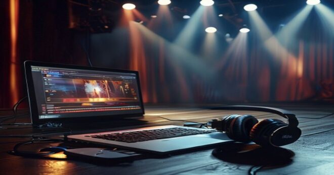 A modern theater stage with spotlights and a laptop displaying a video editing timeline, headphones lying next to the laptop, realistic lighting
