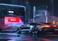 A futuristic scene showing a BYD electric car parked next to a giant smartphone screen displaying a YouTube interface with a progress bar converting a video to MP3 format, digital glow, sleek design