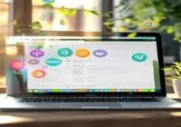 A modern laptop screen displaying a Google search results page with a People Also Ask box highlighted, surrounded by eco-friendly product icons and SEO keywords floating around, photorealistic, bright