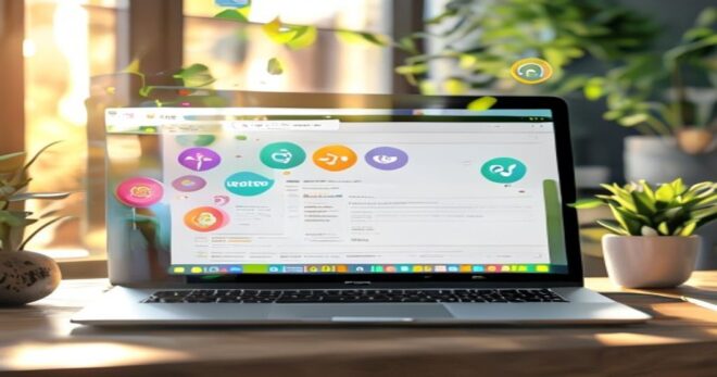 A modern laptop screen displaying a Google search results page with a People Also Ask box highlighted, surrounded by eco-friendly product icons and SEO keywords floating around, photorealistic, bright
