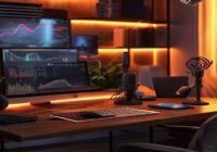 A modern home studio with a desktop computer displaying AI-generated waveforms and a chatbot interface, surrounded by microphones, headphones, and a notebook, illuminated by warm ambient light, photor