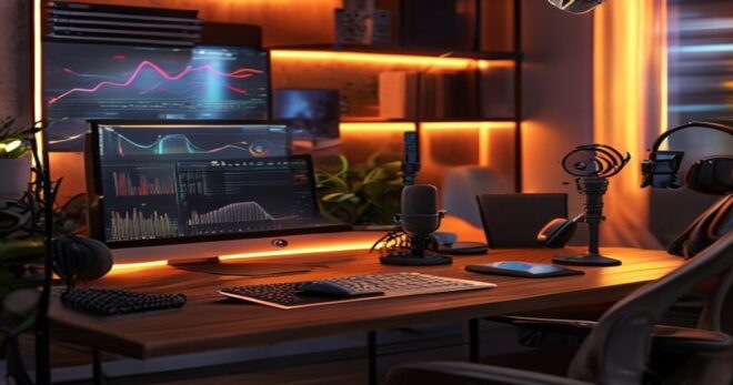 A modern home studio with a desktop computer displaying AI-generated waveforms and a chatbot interface, surrounded by microphones, headphones, and a notebook, illuminated by warm ambient light, photor